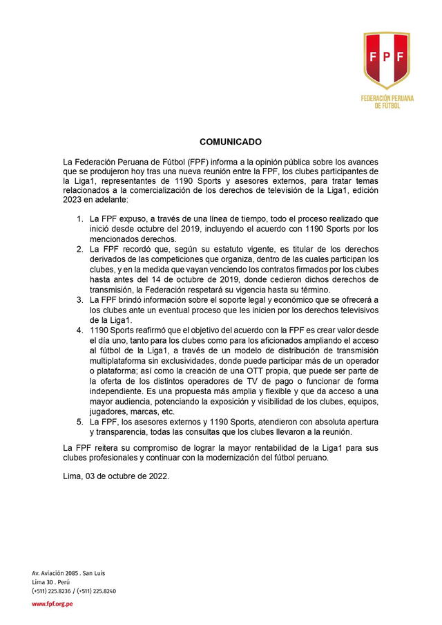 Comunicado de FPF sobre transmisión de partidos con 1190 Sports.