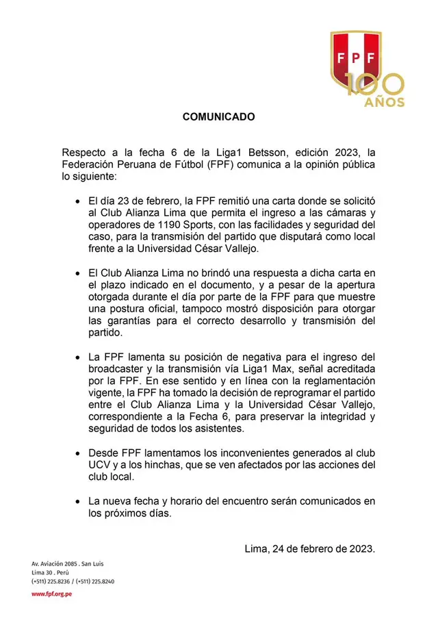 Comunicado de la FPF sobre el Alianza Lima vs. César Vallejo.