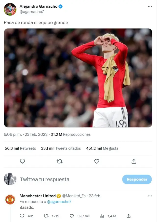 Este fue el tuit de Garnacho post partido contra Barcelona.   