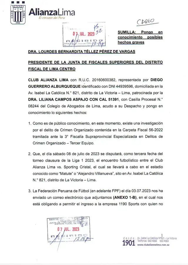 Alianza Lima envió comunicado a Junta de Fiscales Supremos.