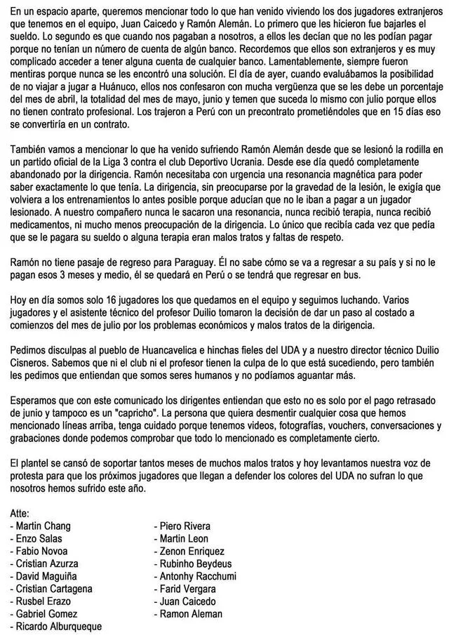 Comunicado Jugadores   