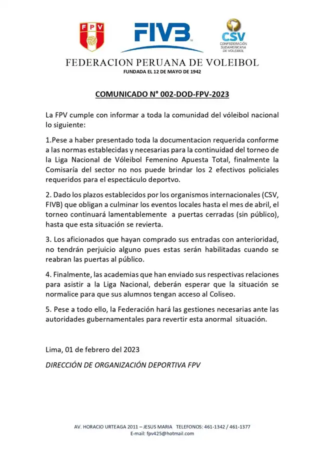 Comunicado de la FPV sobre la ausencia del público.   