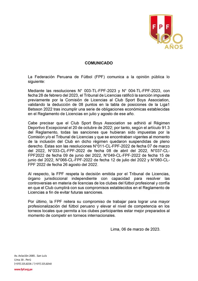 Comunicado de FPF sobre Sport Boys.