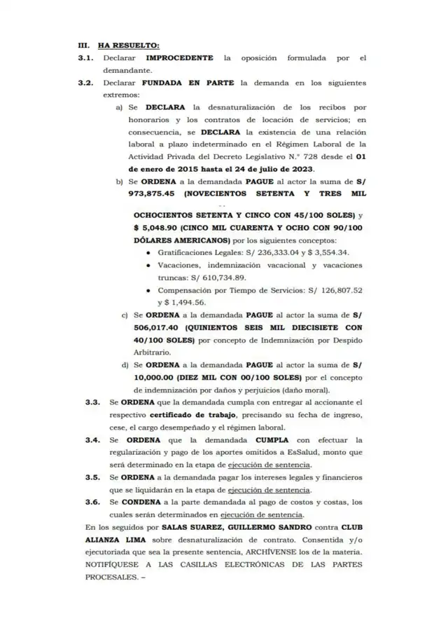 Resolución del Poder Judicial en contra de Alianza Lima.