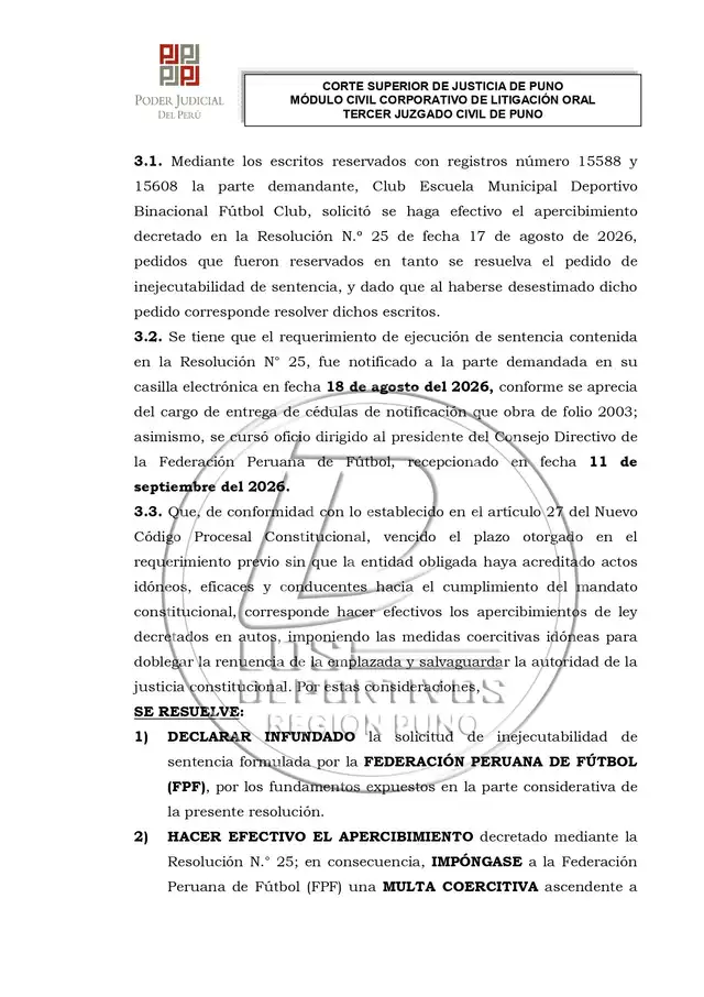 La resolución judicial que ordena el regreso de Binacional a la Liga 1 2027