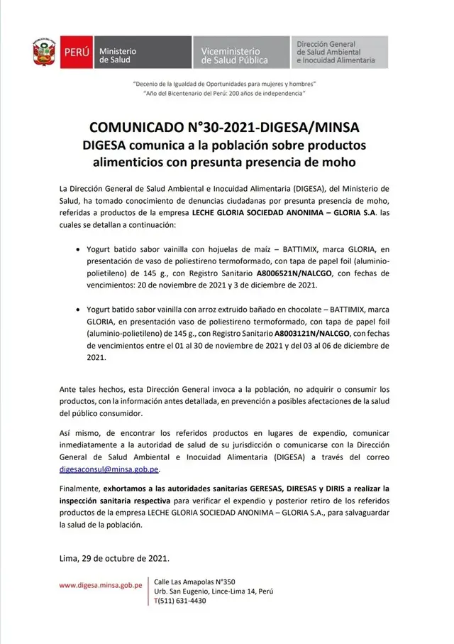Comunicado del Minsa sobre Gloria.
