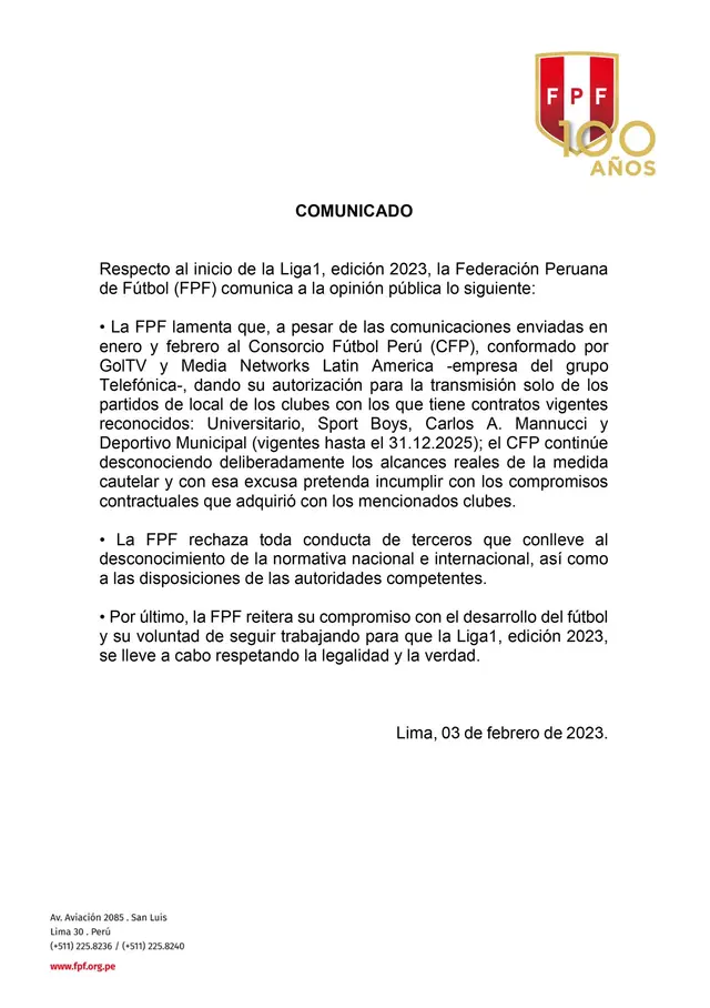 FPF desmiente a GOLPERÚ.