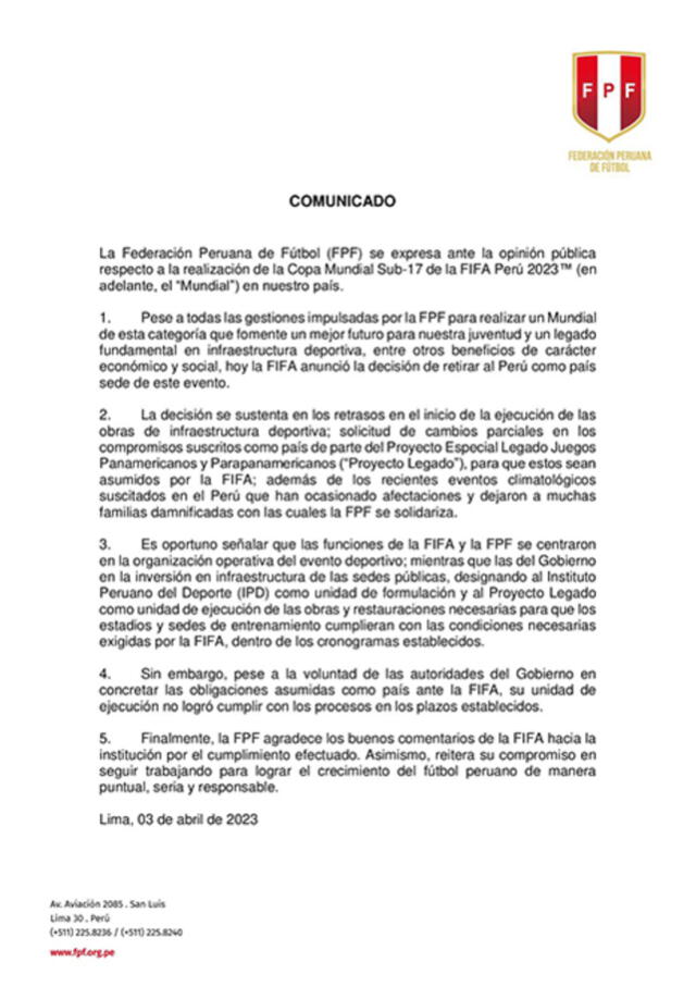 Comunicado de FPF tras quedarse sin el Mundial Sub 17.
