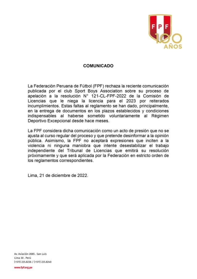 Comunicado de FPF a Sport Boys.