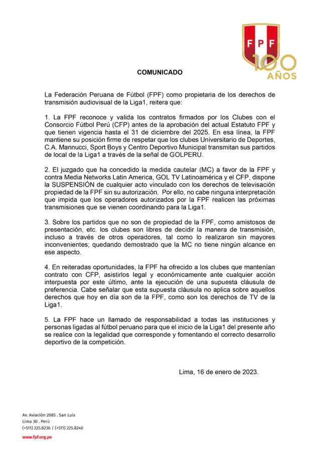 FPF sobre transmisión de partidos con GOLPERÚ.