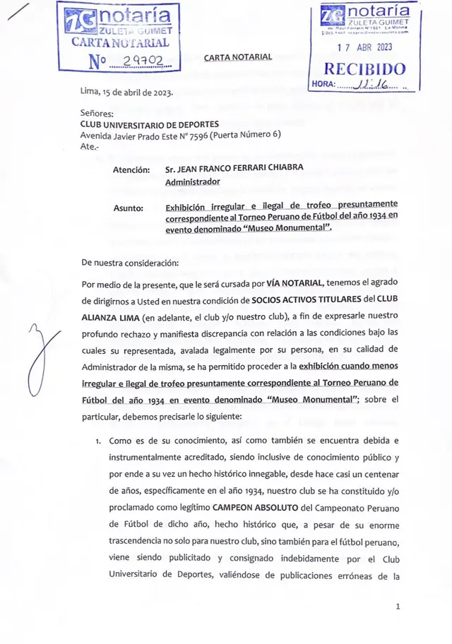 Carta notarial a Jean Ferrari.