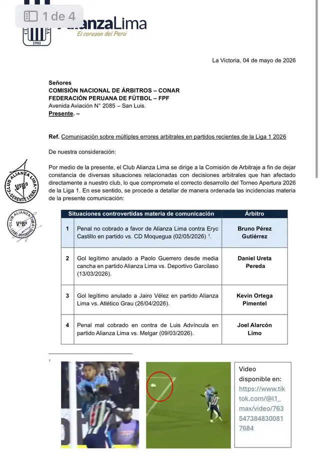 Alianza Lima envió documento a la CONAR y se quejó de 4 árbitros designados en partidos del Torneo Apertura 2026.