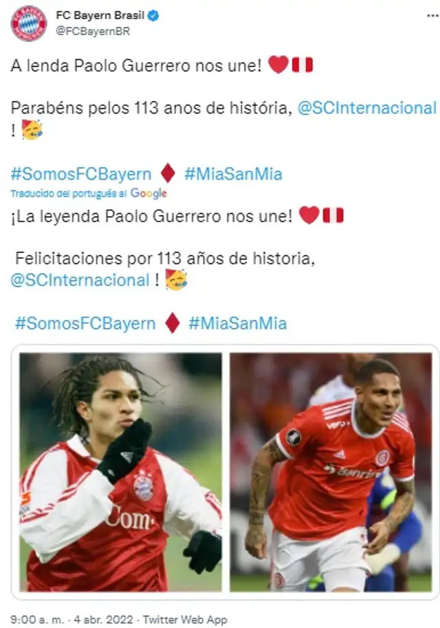 Bayer Múnich calificó de "leyenda" a Guerrero en su saludo a Inter de Porto Alegre. Bayer Múnich calificó de "leyenda" a Guerrero en su saludo a Inter de Porto Alegre.