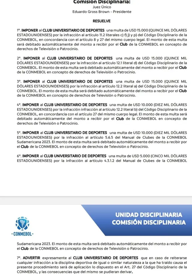 Multa de CONMEBOL a Universitario.