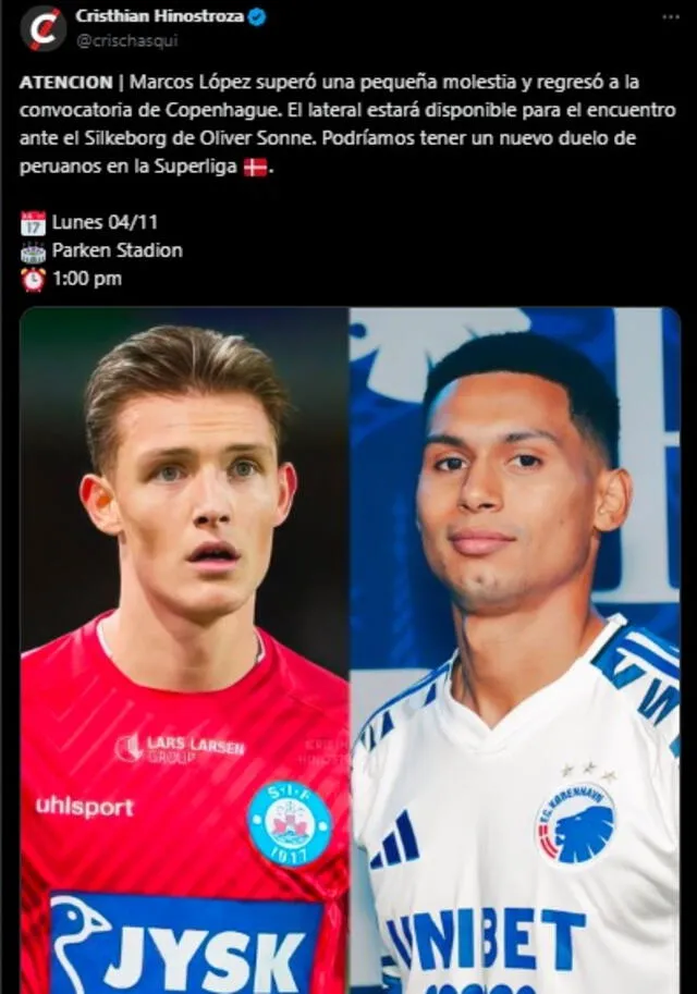  Marcos López recuperado y jugaría con su equipo ante Silkeborg de Oliver Sonne.   