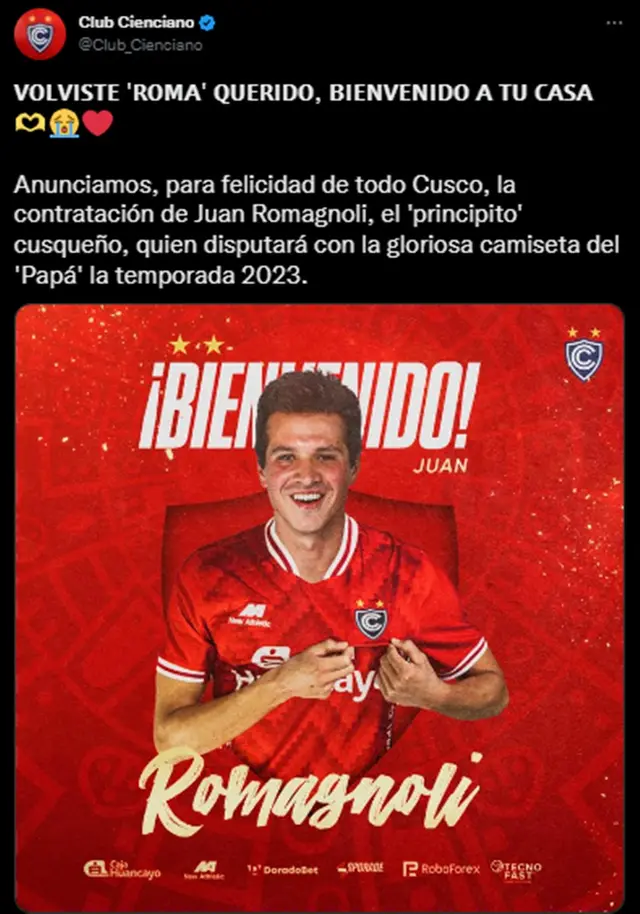 Juan Romagnoli es nuevo jugador de Cienciano.     Juan Romagnoli es nuevo jugador de Cienciano.