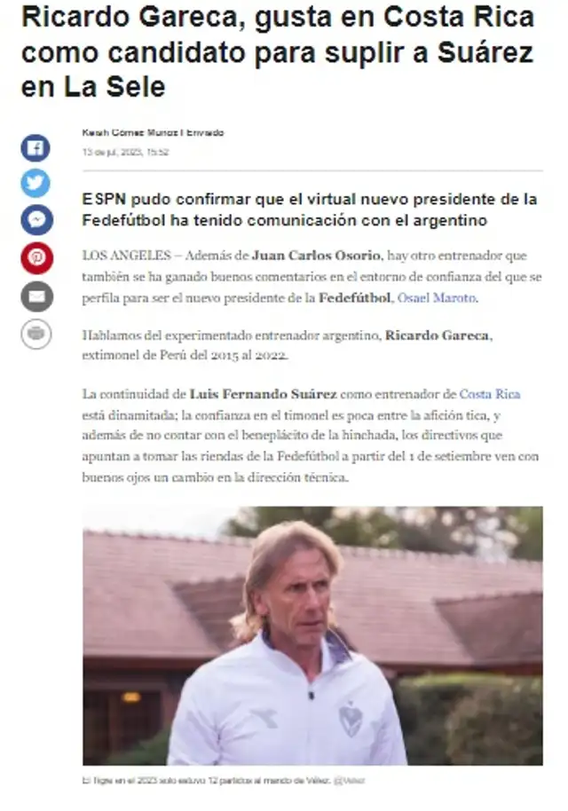 Ricardo Gareca suena fuerte en la selección de Costa Rica. Ricardo Gareca suena fuerte en la selección de Costa Rica.