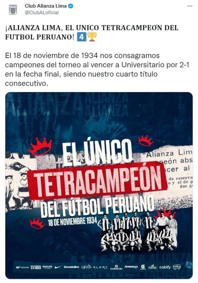 Publicación de Alianza Lima.   