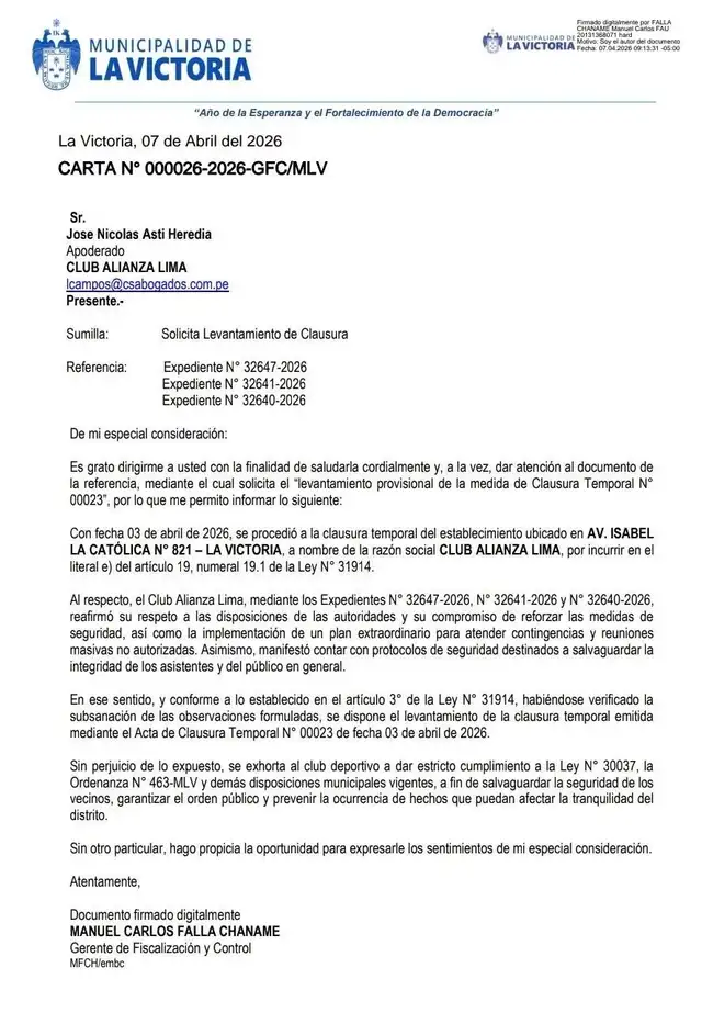 Municipalidad de La Victoria levantó sanción de Matute