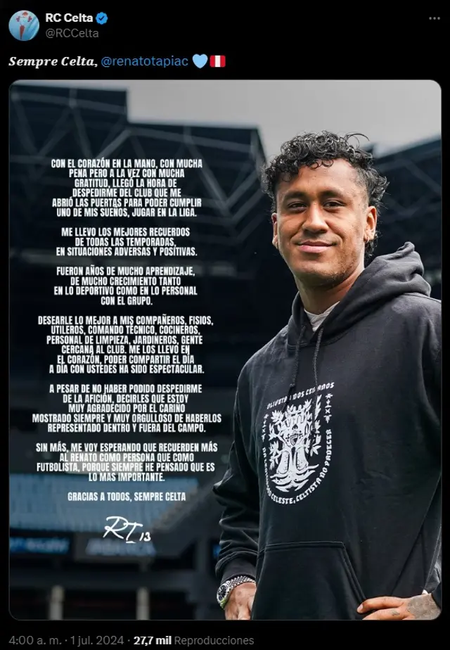 El mensaje de Renato Tapia tras salir del Celta de Vigo. / Foto: X. El mensaje de Renato Tapia tras salir del Celta de Vigo. / Foto: X.