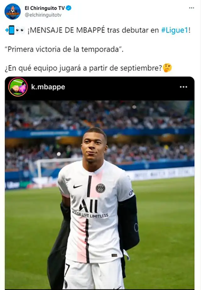 Kylian Mbappé y su mensaje tras victoria del PSG. Foto: Twitter "El Chiringuito"   
