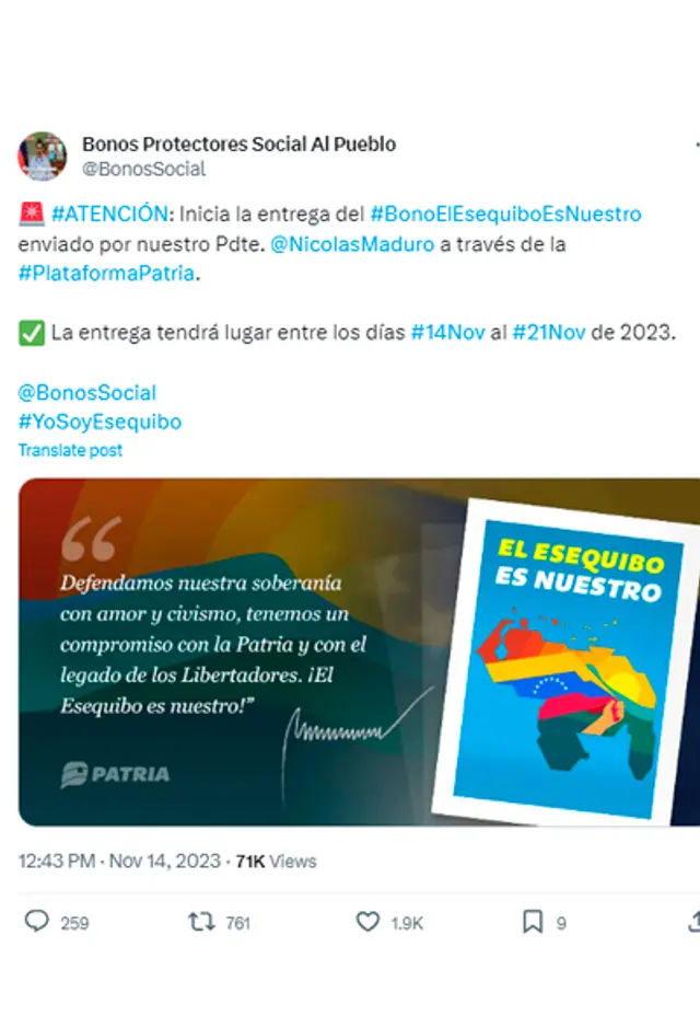 Bono El Esequibo es Nuestro monto