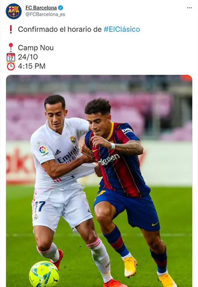 Horario oficial para El Clásico entre Barcelona vs Real Madrid.   