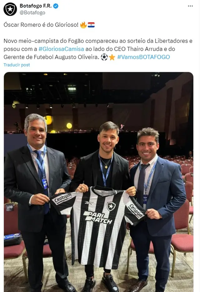 Óscar Romero fue anunciado por Botafogo tras sorteo de la Copa Libertadores2024.   