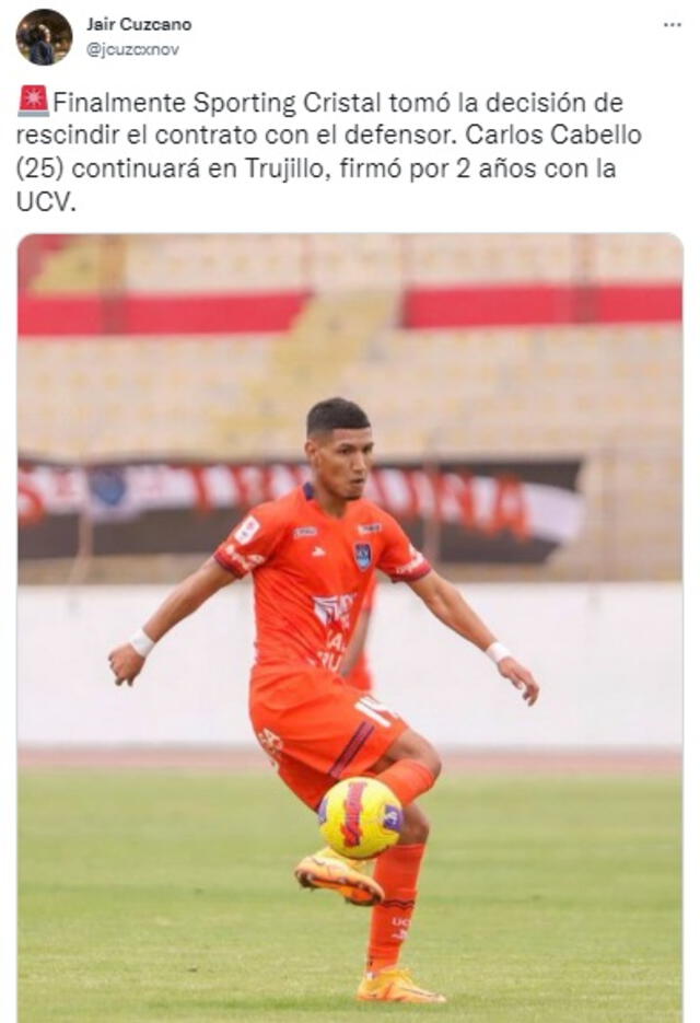Carlos Cabello no es más jugador de Sporting Cristal.