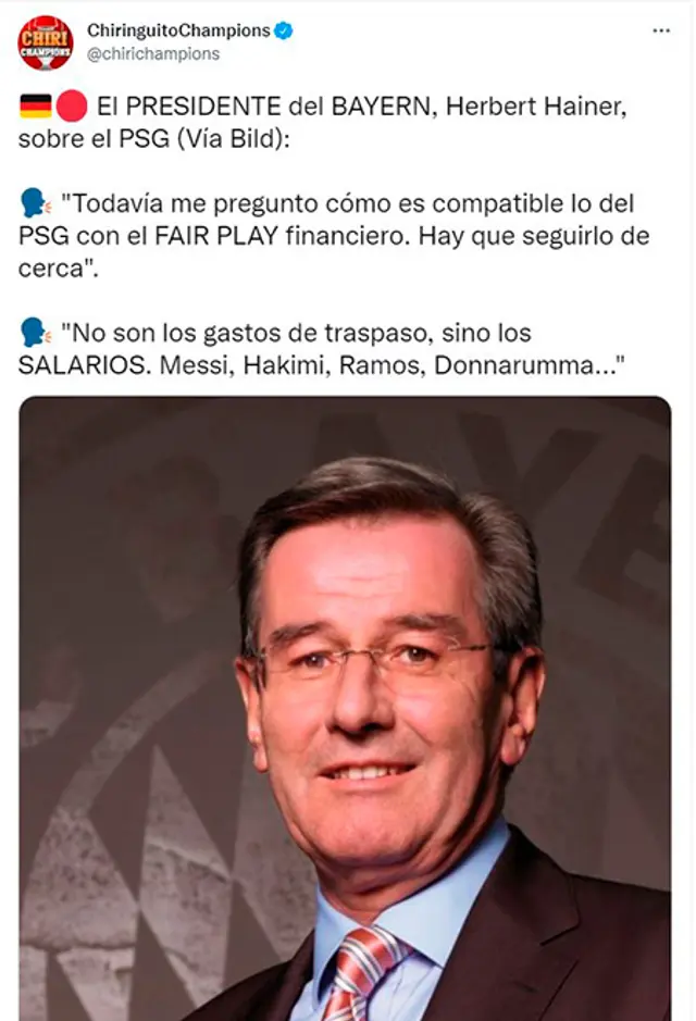 Declaraciones de Herbert Hainer sobre el PSG. Foto: Captura.   