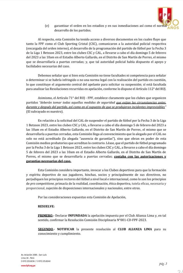  FPF declaró infundada la apelación de Alianza Lima.   