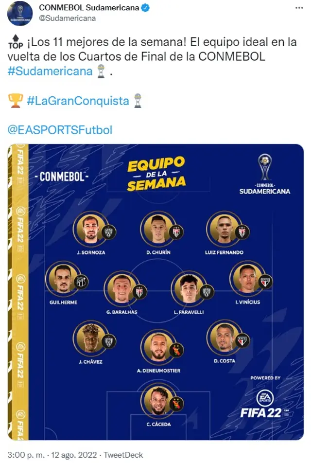 Cáceda y Deneumostier en once ideal de Copa Sudamericana.