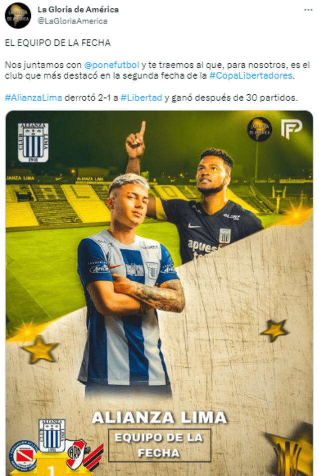 Alianza Lima fue nombrado como el equipo de la fecha por medio internacional. Alianza Lima fue nombrado como el equipo de la fecha por medio internacional.