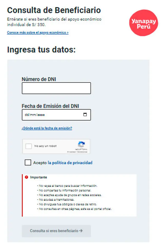 Página oficial del Bono Yanapay