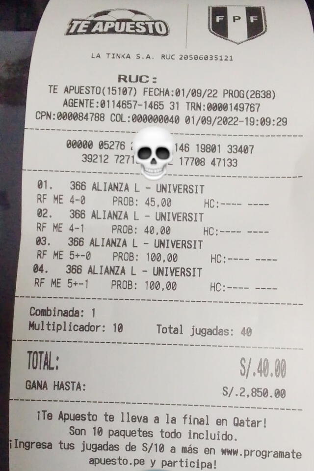 ticket apuesta alianza lima