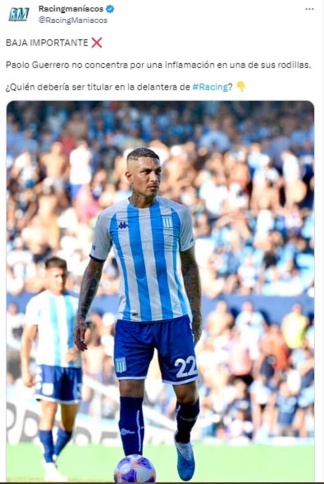 Paolo Guerrero es baja en Racing.