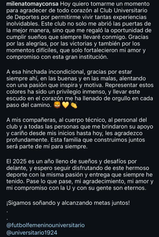 La publicación de Milena Tomayconsa sobre Universitario | Foto: Instagram Milena Tomayconsa   