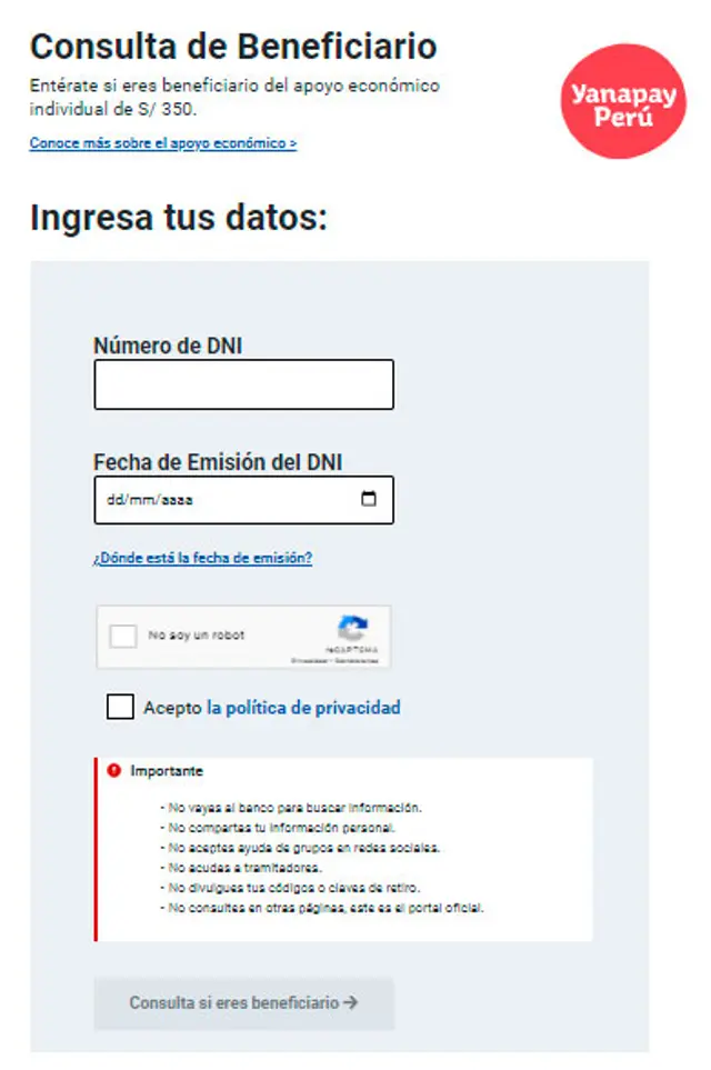 Página oficial del Bono Yanapay
