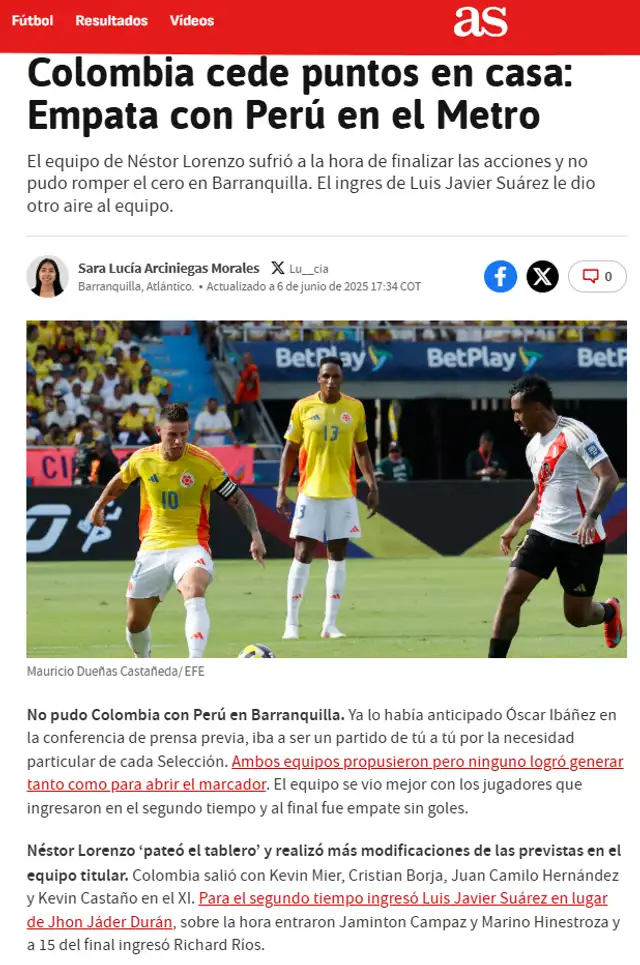 Perú vs Colombia, Eliminatorias 2026