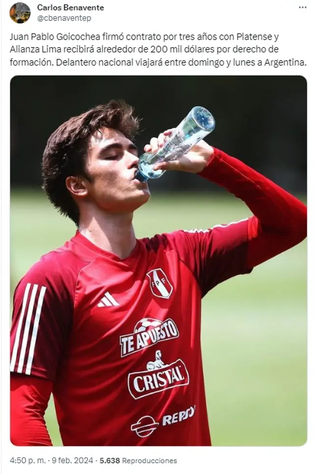 Alianza Lima recibirá monto por Juan Pablo Goicochea