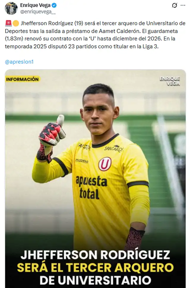 Jhefferson Rodríguez será el tercer arquero de Universitario