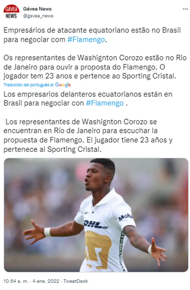 Washington Corozo cerca a Flamengo.