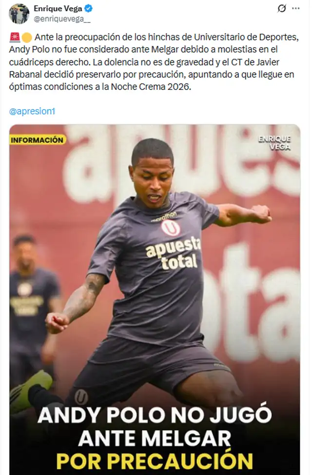  Diagnóstico de Andy Polo tras no jugar ante Melgar | Enrique Vega   