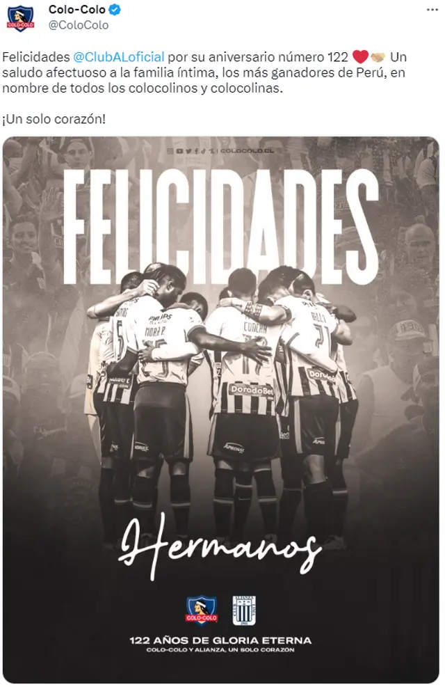 Colo Colo le mandó mensaje a Alianza Lima por su aniversario.   