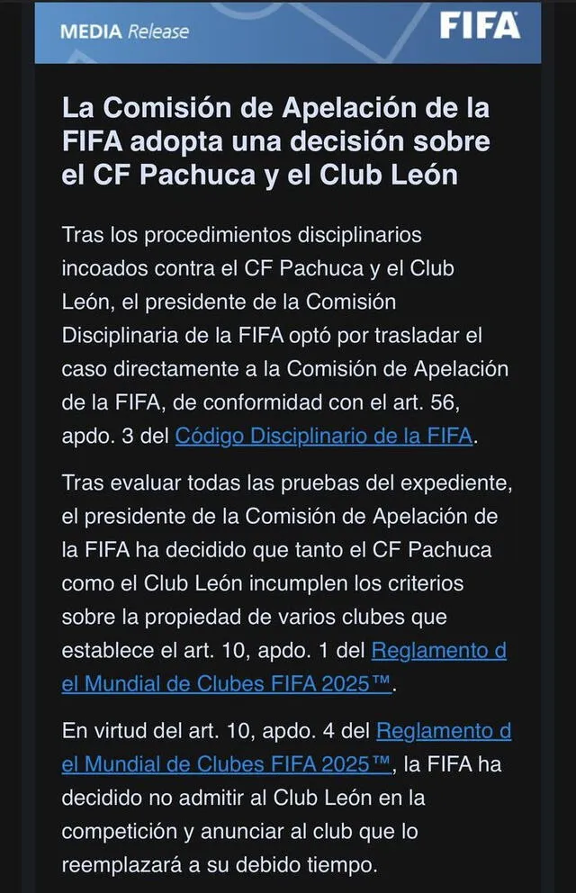 Comunicado de la FIFA ante el caso León y Pachuca. Foto: X   