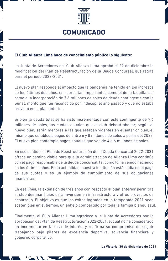 Alianza Lima sobre el Plan de Reestructuración. Alianza Lima sobre el Plan de Reestructuración.