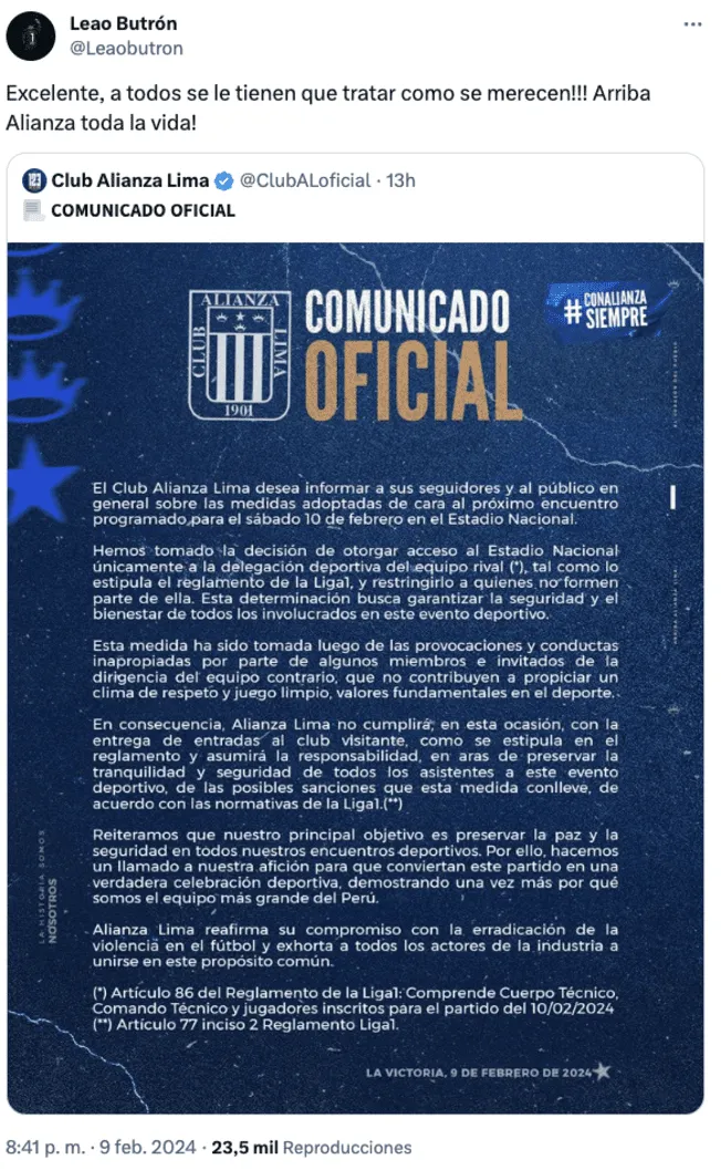 Leao Butrón respaldó comunicado de Alianza Lima sobre el clásico   