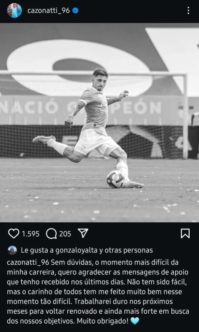 Mensaje de Gustavo Cazonatti tras confirmarse su lesión. Foto: Instagram   