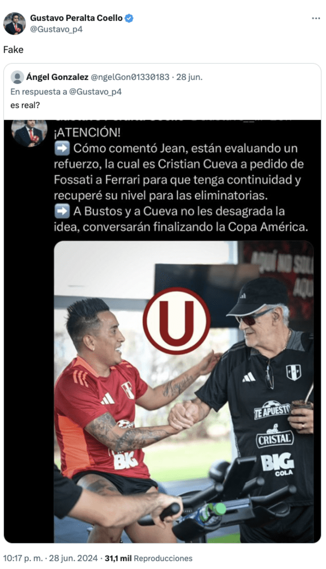 Christian Cueva cumplió 100 partidos con Perú ante Argentina por Copa América 2024/Foto: X   