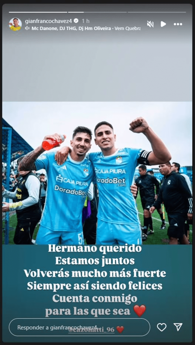 Mensaje de Gianfranco Chávez a Gustavo Cazonatti previo a confirmarse su lesión. Foto: Instagram 